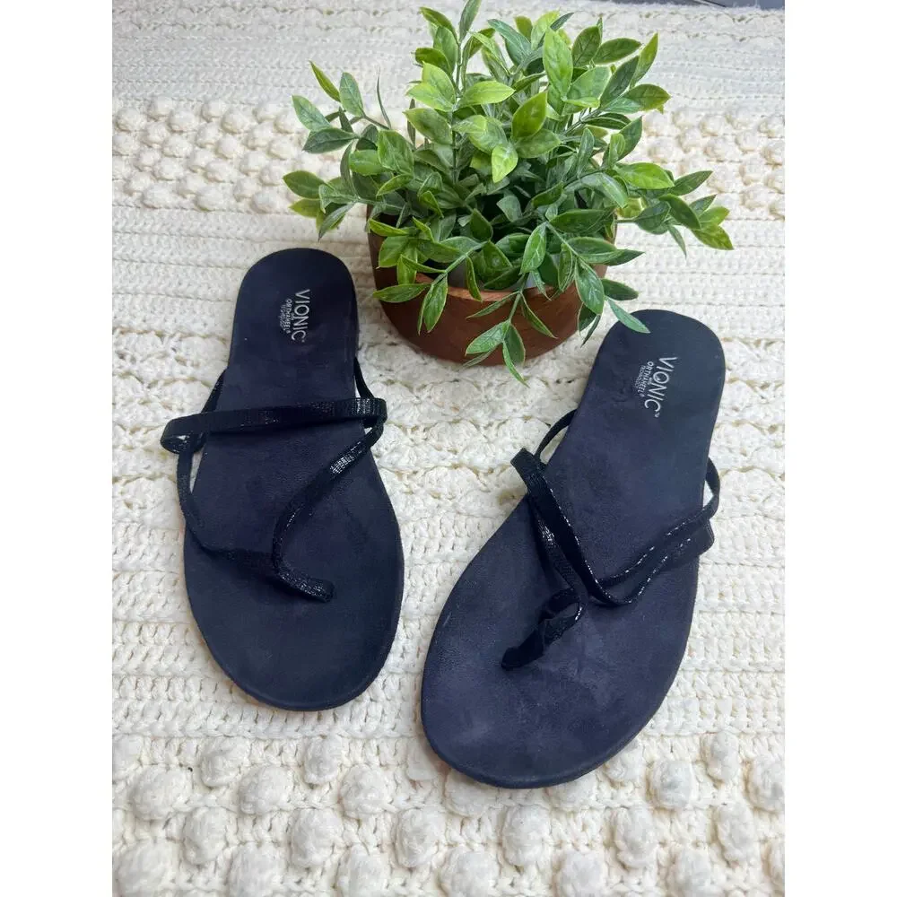 VIONIC ORTHAHEEL Women's 10 Minimal Flip Flop Strappy Sandal Shoes Black Suede